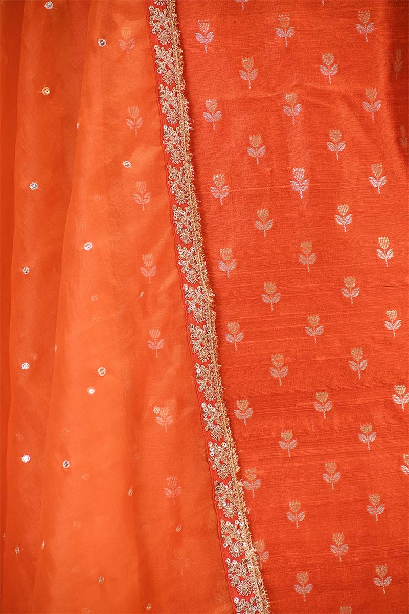 Orange Raw Silk Salwar Suit Set with Embellished Organza Dupatta