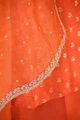 Orange Raw Silk Salwar Suit Set with Embellished Organza Dupatta