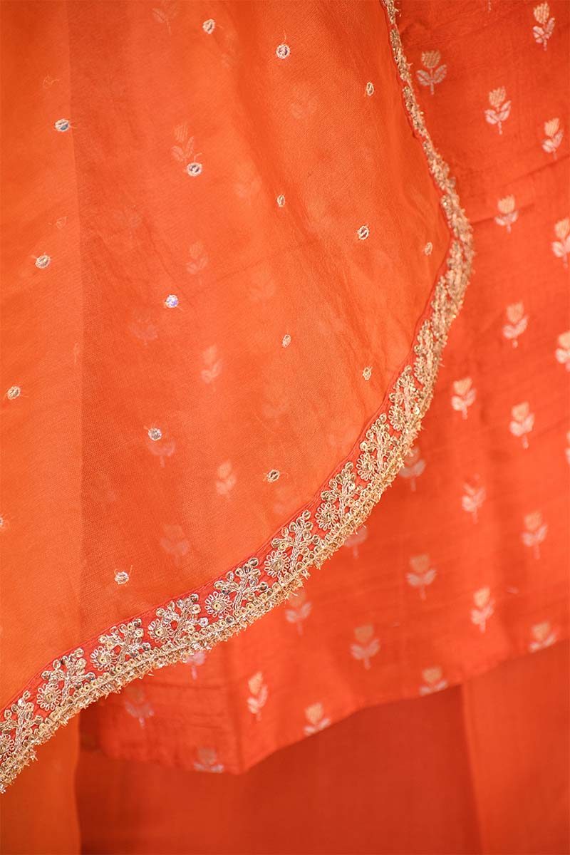 Orange Raw Silk Salwar Suit Set with Embellished Organza Dupatta