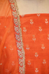 Orange Raw Silk Salwar Suit Set with Embellished Organza Dupatta