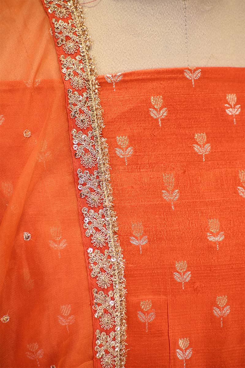 Orange Raw Silk Salwar Suit Set with Embellished Organza Dupatta