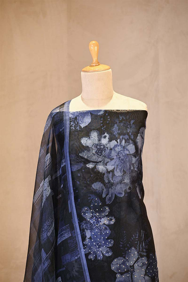 Blue Organza Silk Floral Printed Suit Set with Aari Handwork