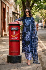 Blue Organza Silk Floral Printed Suit Set with Aari Handwork