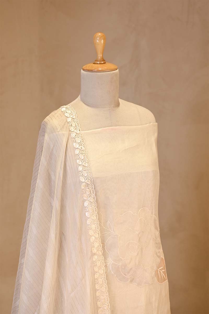 White Organza Silk Suit Set with Appliqué Work