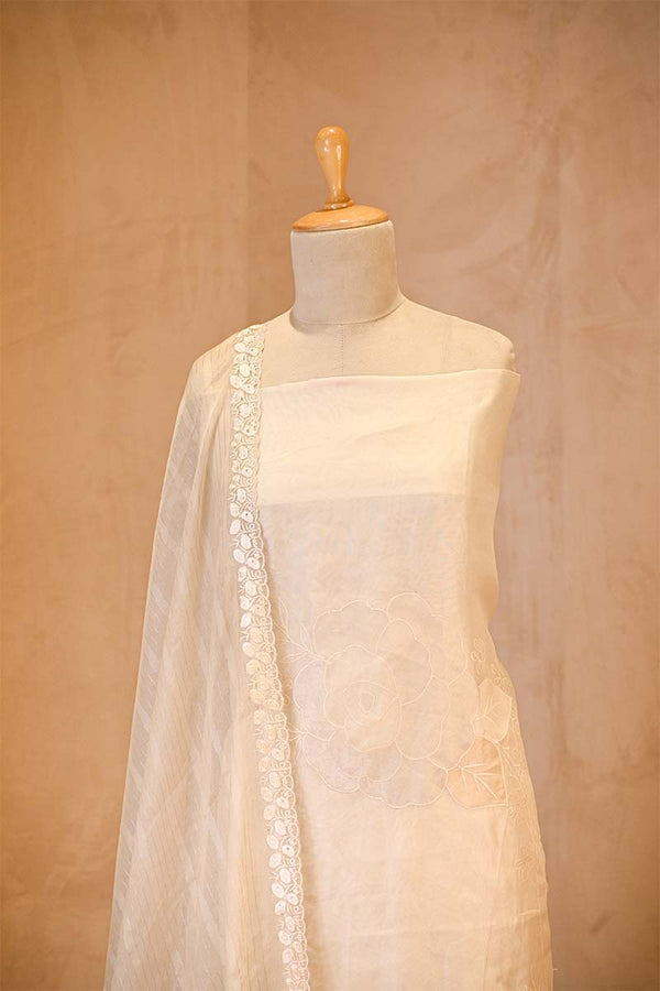 White Organza Silk Suit Set with Appliqué Work