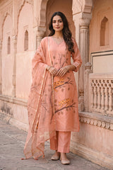 Peach Handpainted Organza Silk Suit Set with Aari Embellishment
