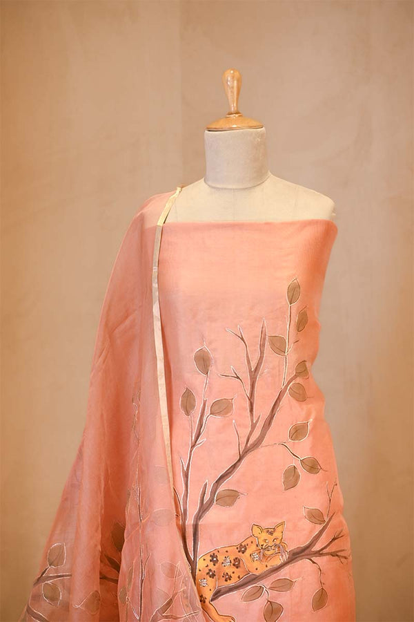 Peach Handpainted Organza Silk Suit Set with Aari Embellishment