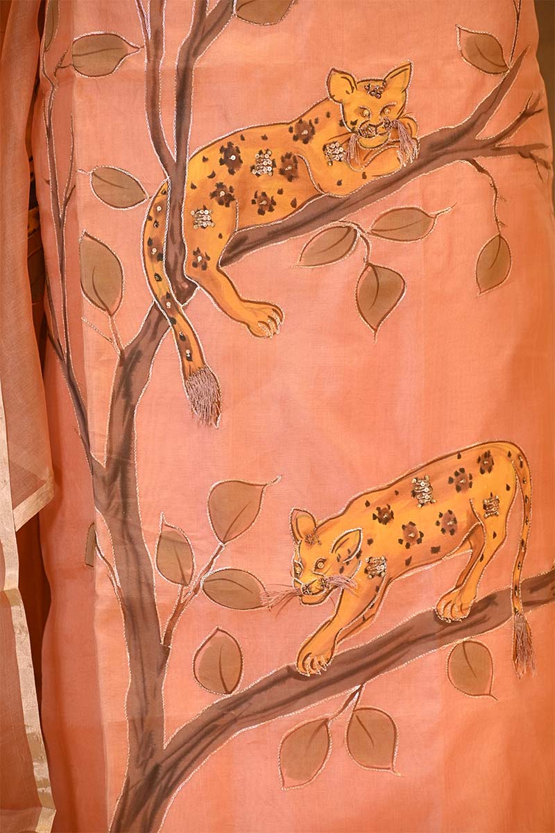 Peach Handpainted Organza Silk Suit Set with Aari Embellishment