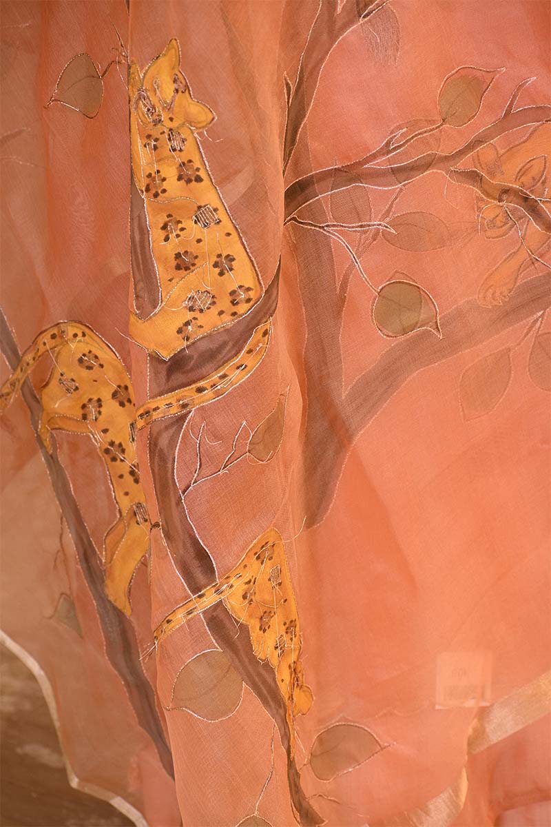 Peach Handpainted Organza Silk Suit Set with Aari Embellishment