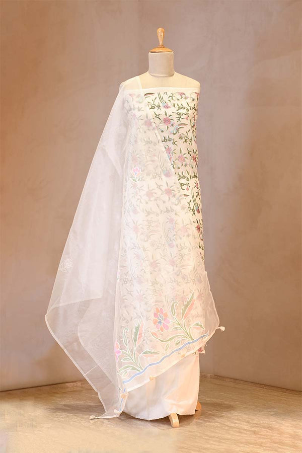 Off White Organza Silk Salwar Suit with Emberoidered Dupatta