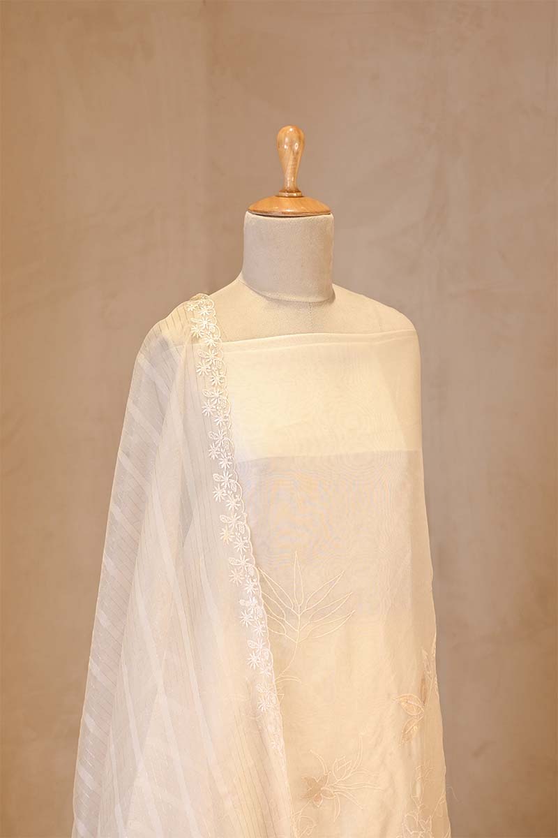 Off White Organza Silk Suit Set with Appliqué Work