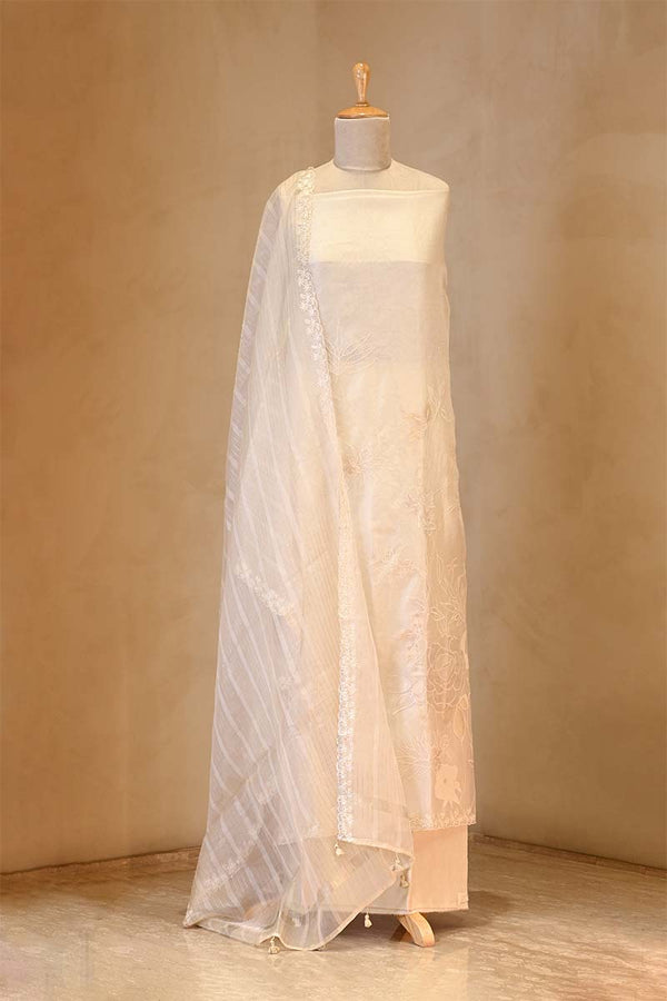 Off White Organza Silk Suit Set with Appliqué Work