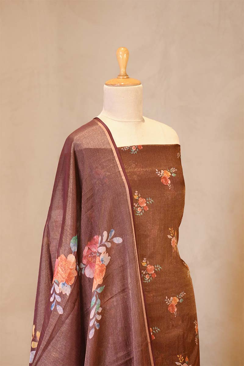 Brown Tissue Unstitched Salwar Suit Set with Digital Floral Prints