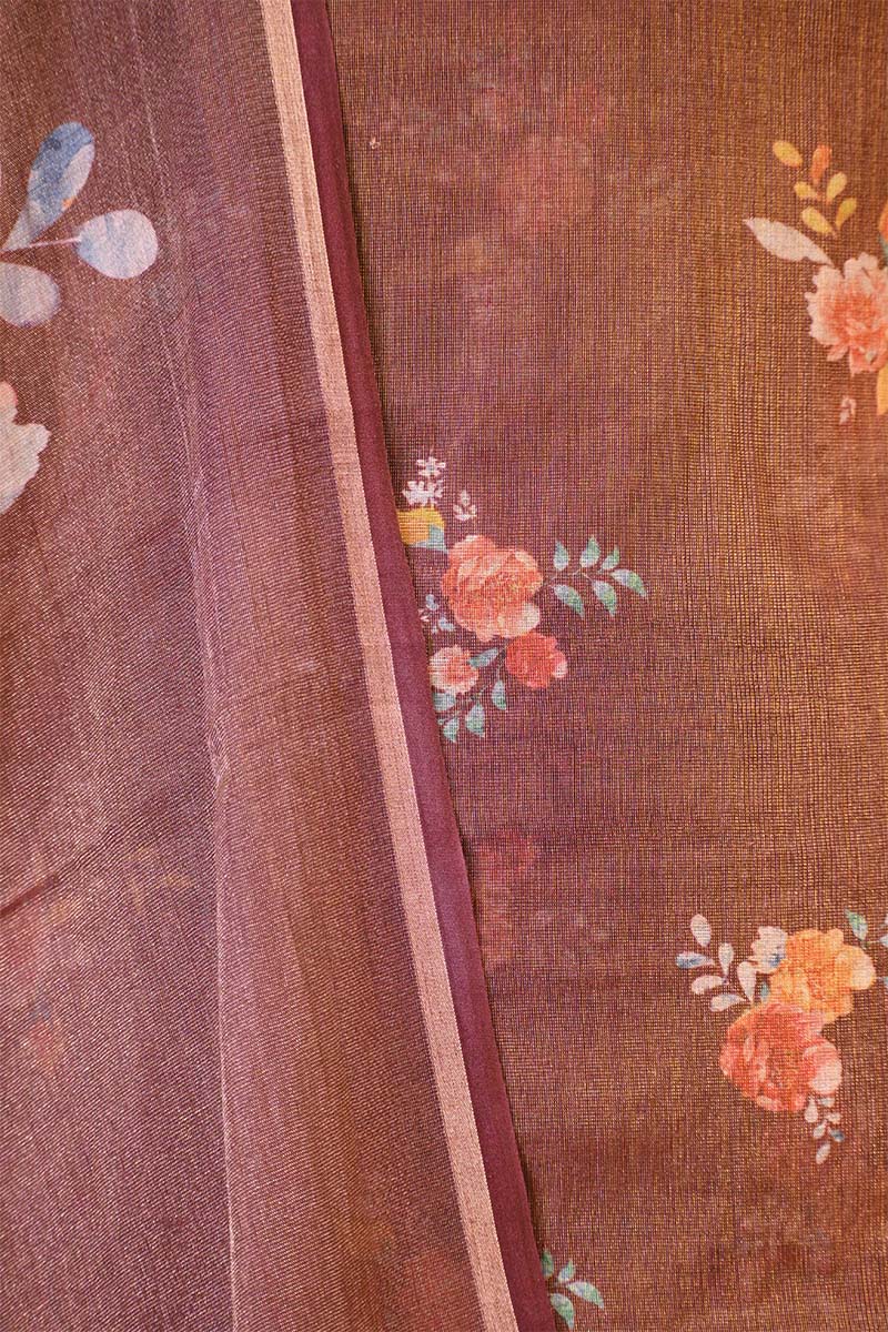 Brown Tissue Unstitched Salwar Suit Set with Digital Floral Prints