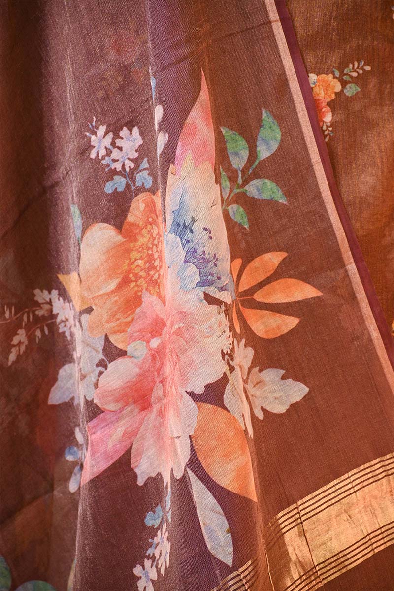 Brown Tissue Unstitched Salwar Suit Set with Digital Floral Prints