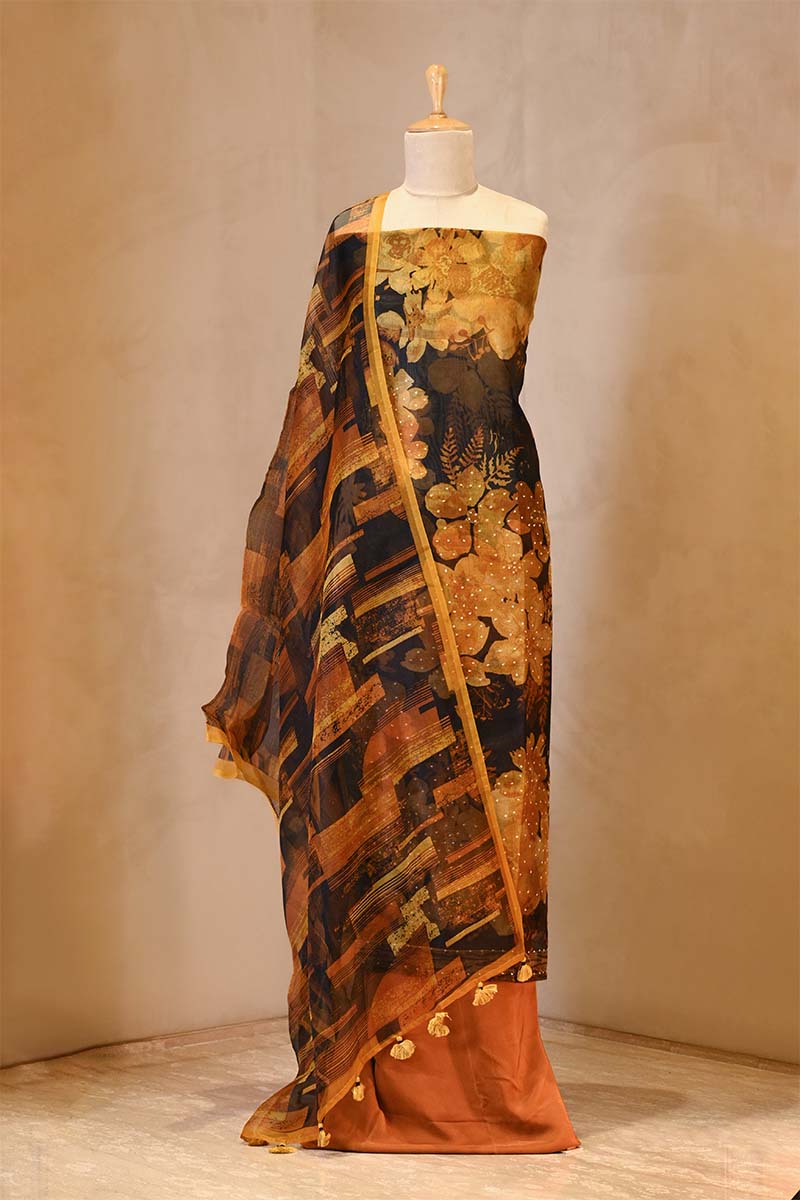 Mustard Yellow Organza Silk Floral Printed Suit Set with Aari Handwork