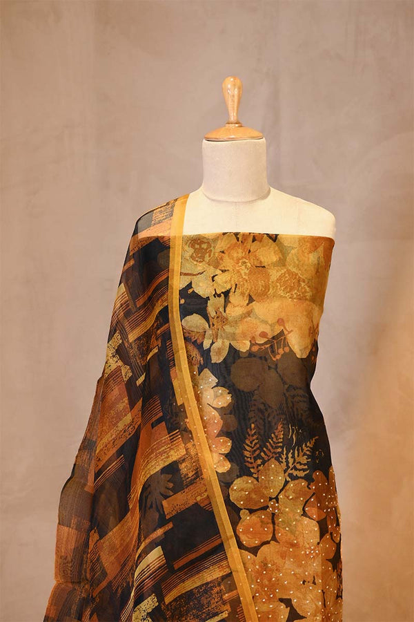 Mustard Yellow Organza Silk Floral Printed Suit Set with Aari Handwork