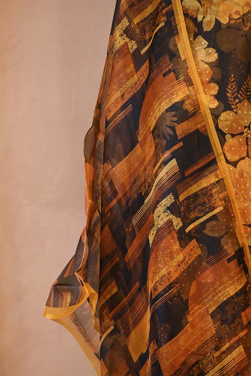 Mustard Yellow Organza Silk Floral Printed Suit Set with Aari Handwork