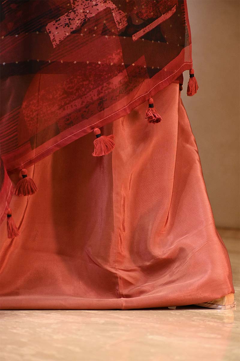 Rust Red Organza Silk Floral Printed Suit Set with Aari Handwork