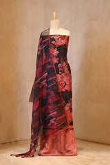 Rust Red Organza Silk Floral Printed Suit Set with Aari Handwork