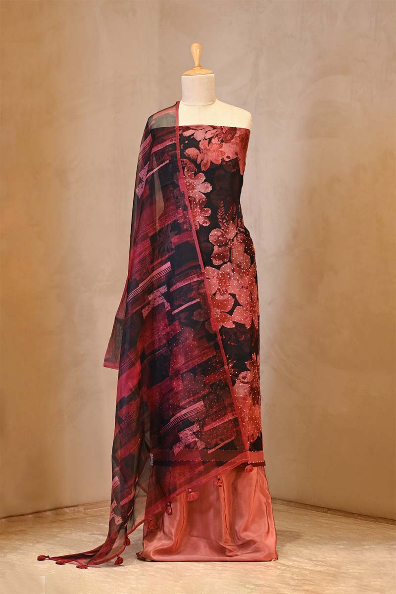 Rust Red Organza Silk Floral Printed Suit Set with Aari Handwork