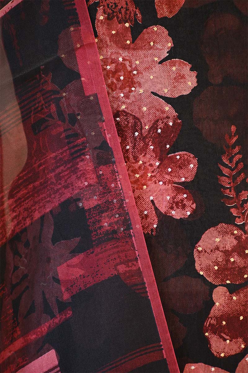 Rust Red Organza Silk Floral Printed Suit Set with Aari Handwork