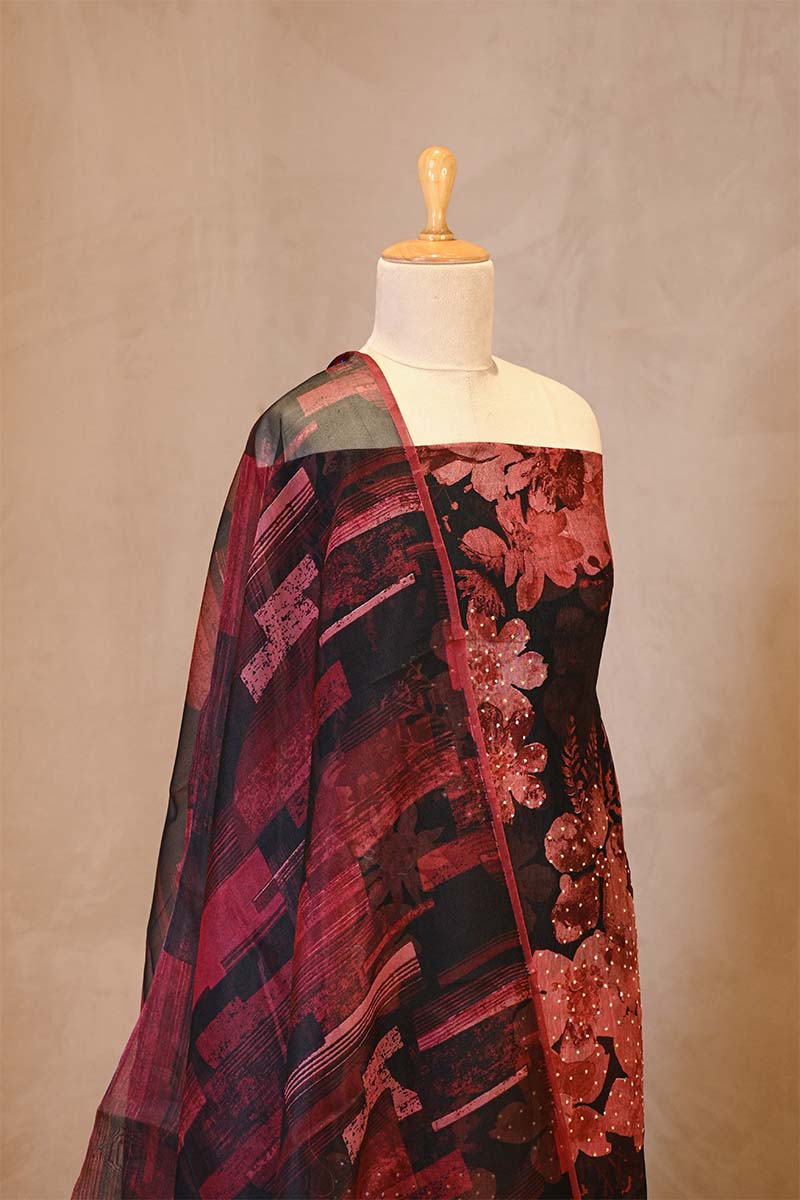 Rust Red Organza Silk Floral Printed Suit Set with Aari Handwork