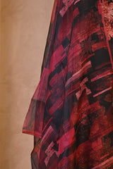Rust Red Organza Silk Floral Printed Suit Set with Aari Handwork