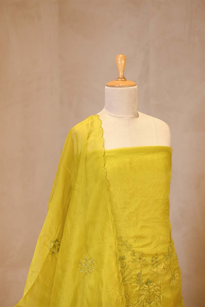 Lime Yellow Organza Silk Salwar Suit Set with Swan and Floral Hand-Embroidery