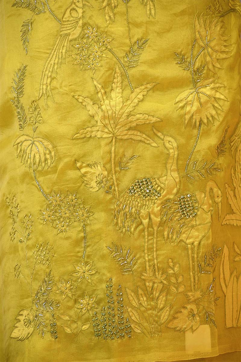 Lime Yellow Organza Silk Salwar Suit Set with Swan and Floral Hand-Embroidery