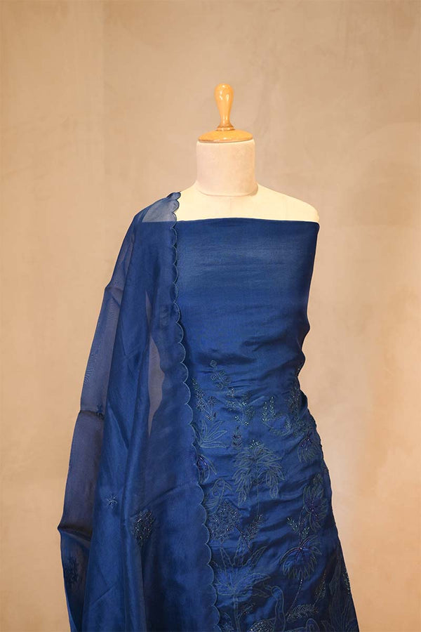 Blue Organza Silk Salwar Suit Set with Swan and Floral Hand-Embroidery