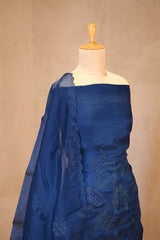 Blue Organza Silk Salwar Suit Set with Swan and Floral Hand-Embroidery