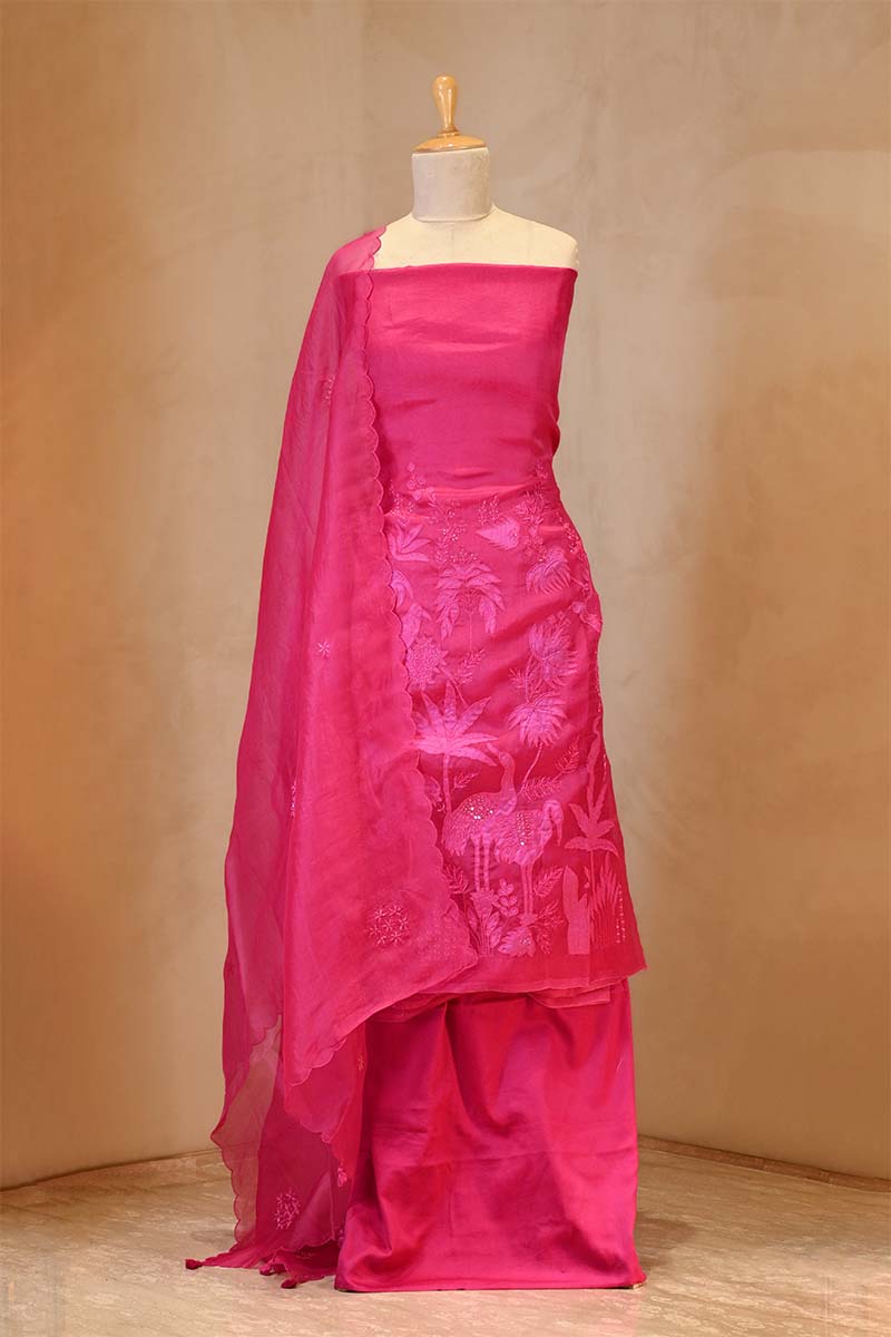 Hot Pink Organza Silk Salwar Suit Set with Swan and Floral Hand-Embroidery