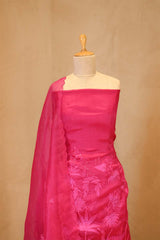 Hot Pink Organza Silk Salwar Suit Set with Swan and Floral Hand-Embroidery