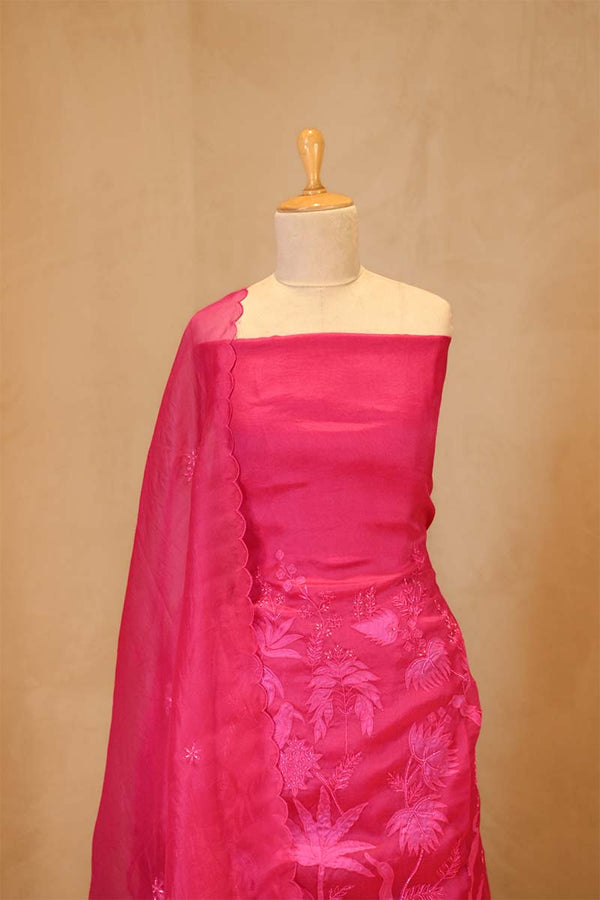 Hot Pink Organza Silk Salwar Suit Set with Swan and Floral Hand-Embroidery