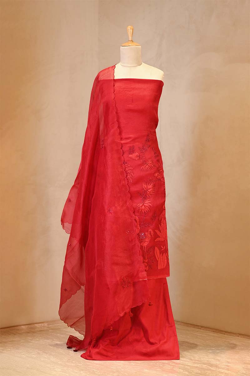 Red Organza Silk Salwar Suit Set with Swan and Floral Hand-Embroidery