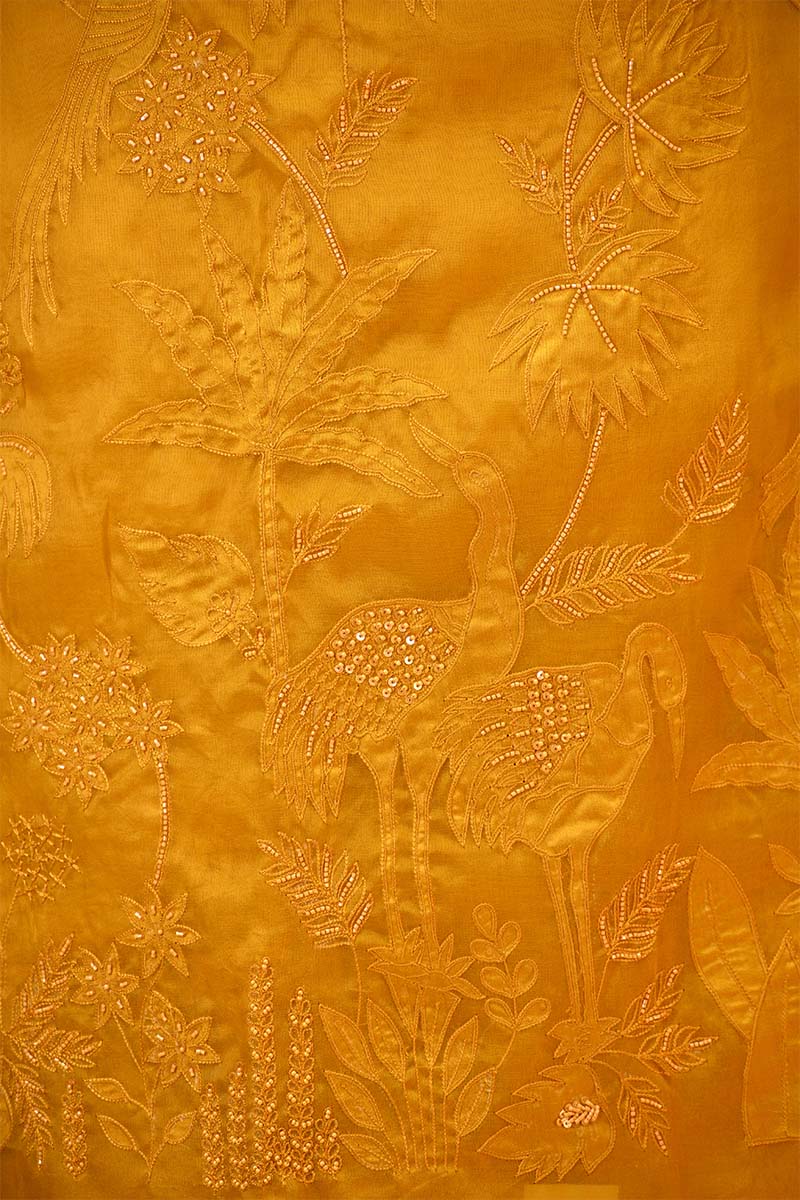 Yellow Organza Silk Salwar Suit Set with Swan and Floral Hand-Embroidery