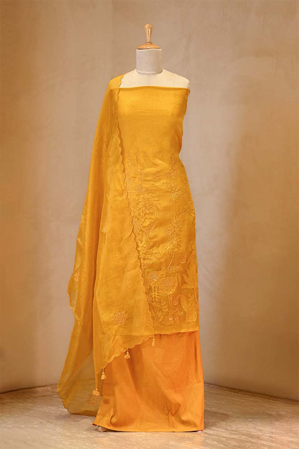 Yellow Organza Silk Salwar Suit Set with Swan and Floral Hand-Embroidery