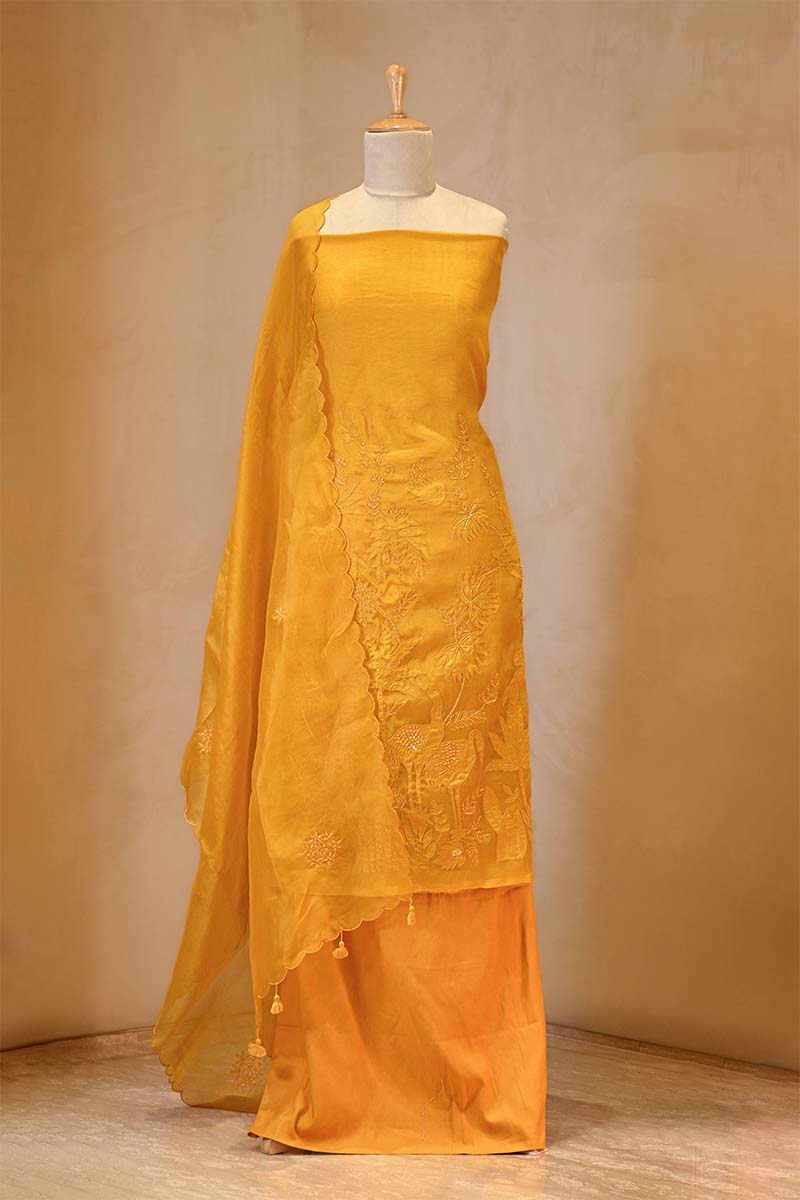 Yellow Organza Silk Salwar Suit Set with Swan and Floral Hand-Embroidery