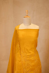 Yellow Organza Silk Salwar Suit Set with Swan and Floral Hand-Embroidery