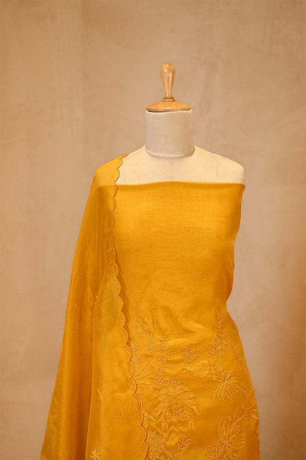 Yellow Organza Silk Salwar Suit Set with Swan and Floral Hand-Embroidery