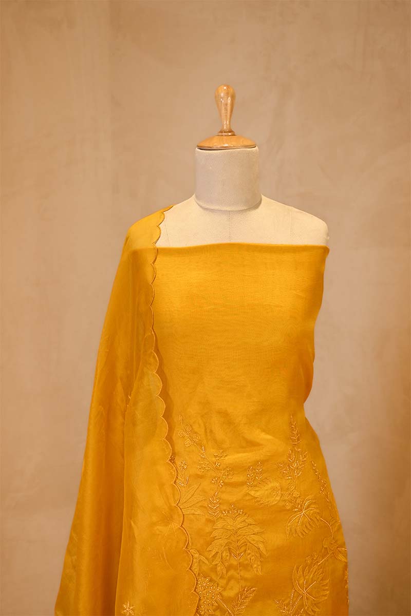 Yellow Organza Silk Salwar Suit Set with Swan and Floral Hand-Embroidery