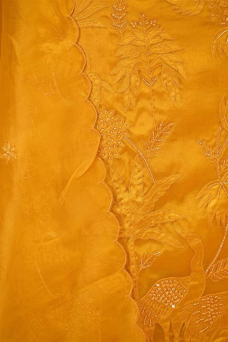 Yellow Organza Silk Salwar Suit Set with Swan and Floral Hand-Embroidery