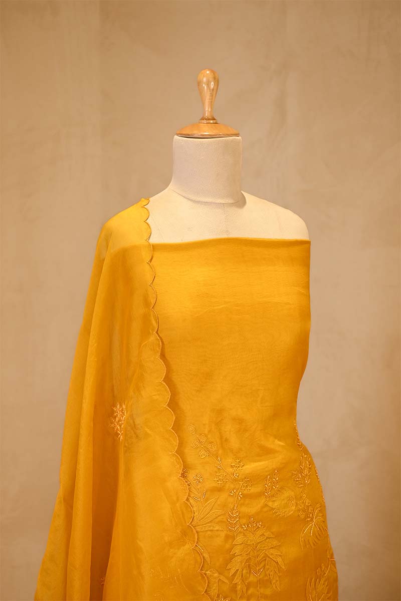 Yellow Organza Silk Salwar Suit Set with Swan and Floral Hand-Embroidery