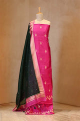 Pink Banarasi Silk Salwar Suit Set with Green Organza Dupatta