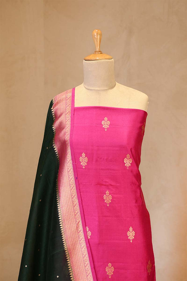 Pink Banarasi Silk Salwar Suit Set with Green Organza Dupatta