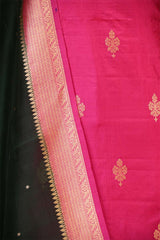 Pink Banarasi Silk Salwar Suit Set with Green Organza Dupatta