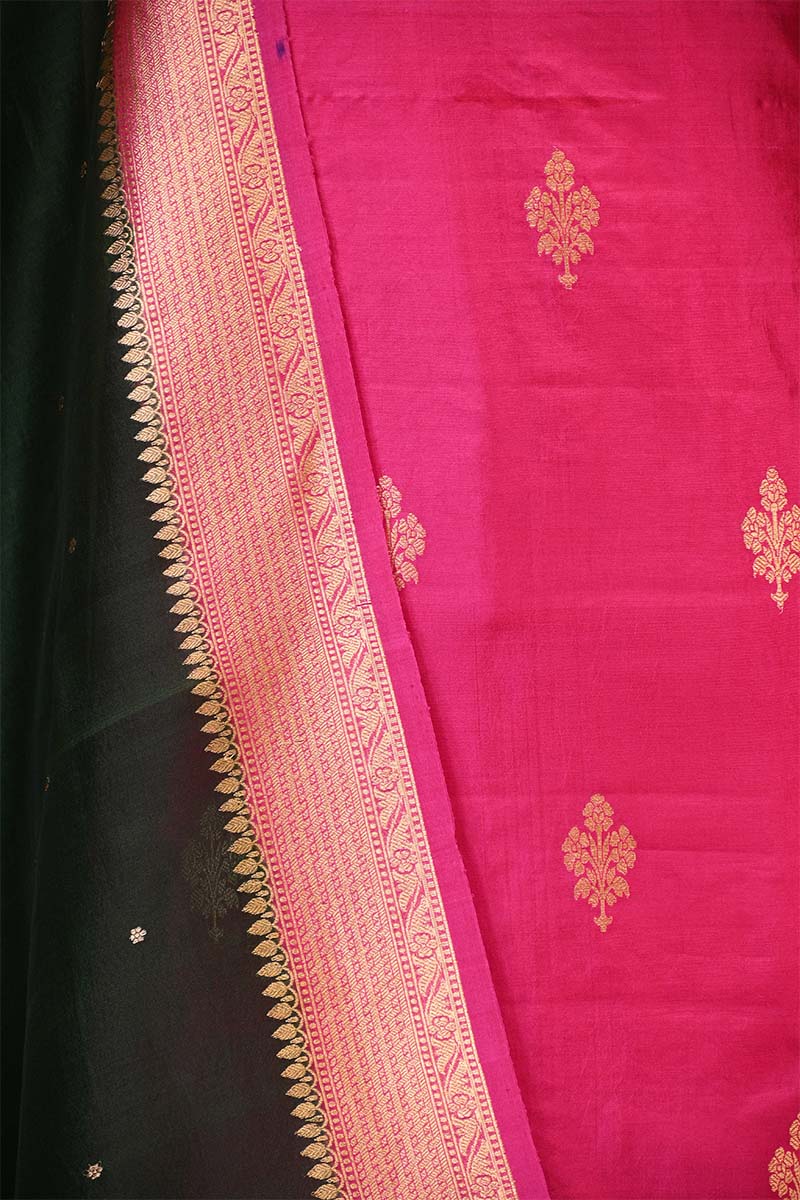 Pink Banarasi Silk Salwar Suit Set with Green Organza Dupatta