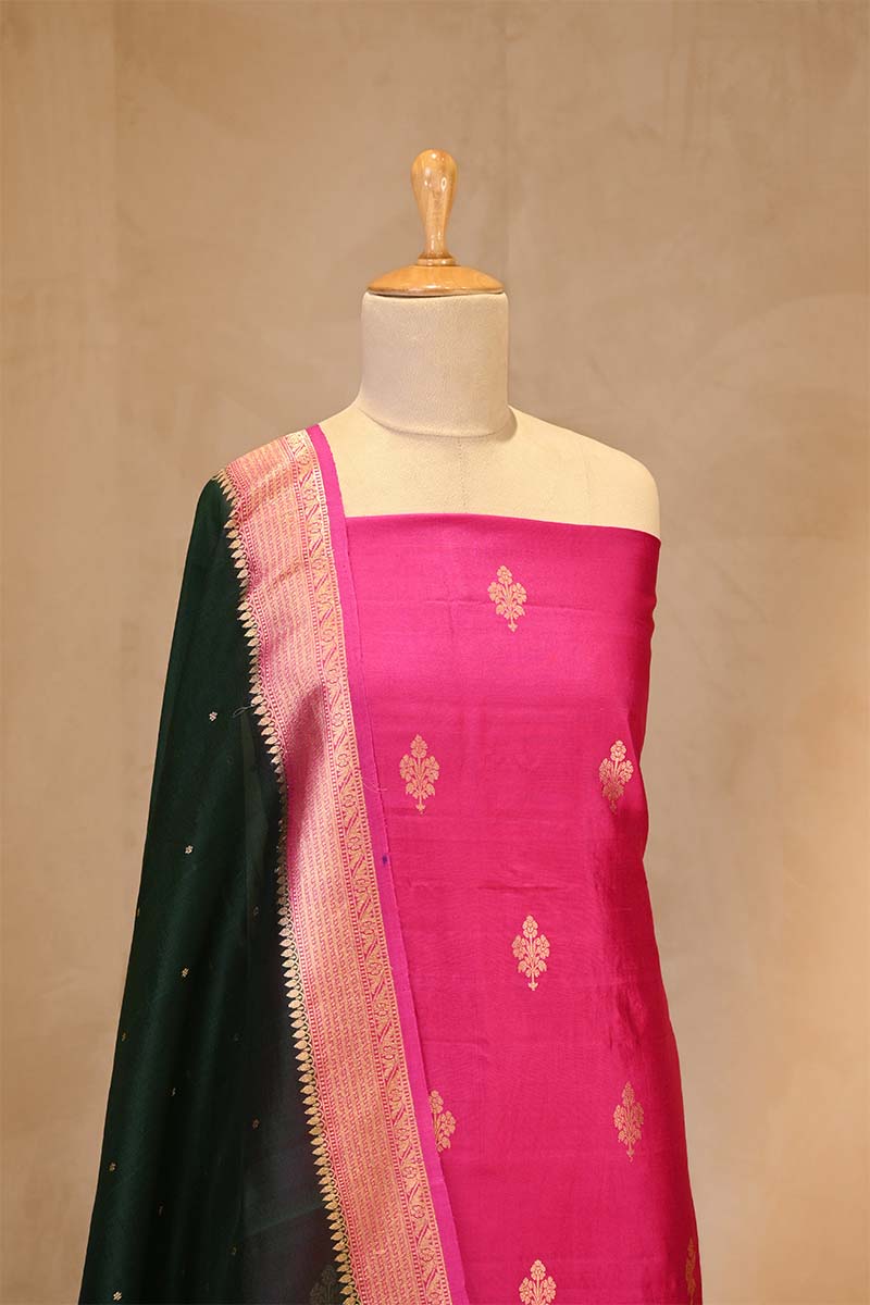 Pink Banarasi Silk Salwar Suit Set with Green Organza Dupatta