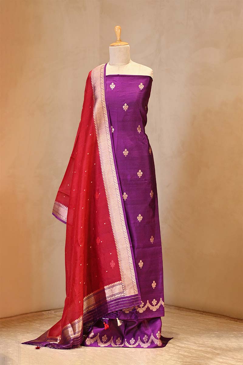 Purple Banarasi Silk Salwar Suit Set with Red Organza Dupatta